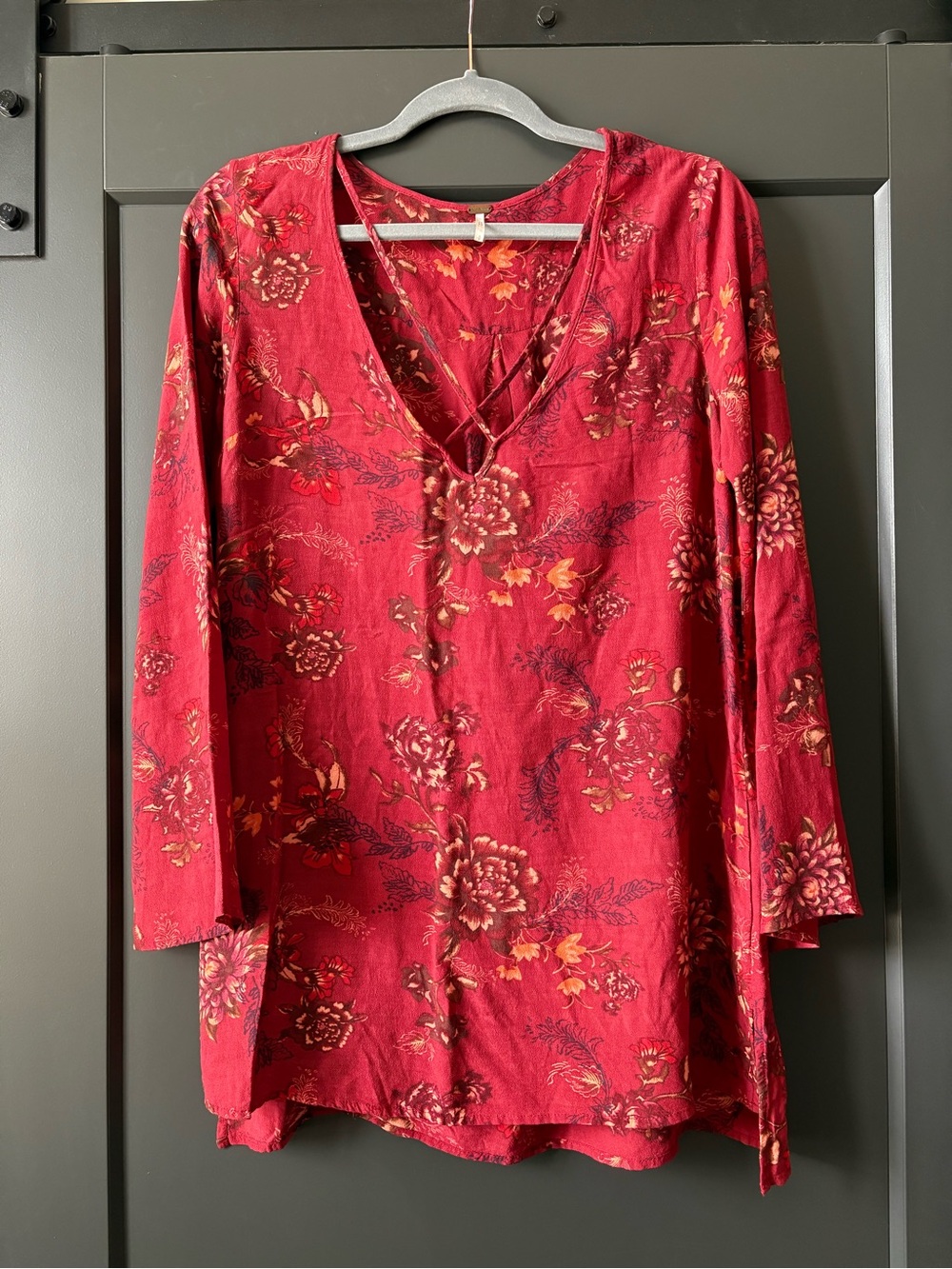 Free People Red Floral V-Neck Tunic Top or Mini Dress